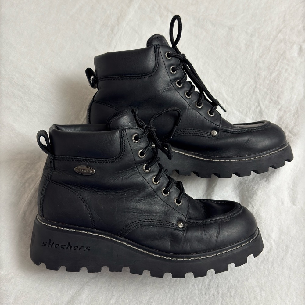 Rare Vintage Skechers 90s Y2K Chunky Platform Shoe Boots Black Leather Size 8.5